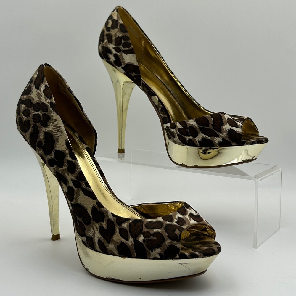 Bakers Jess Pumps Womens 9.5M Leopard Gold Platform Peep Toe Heels Mob Wife